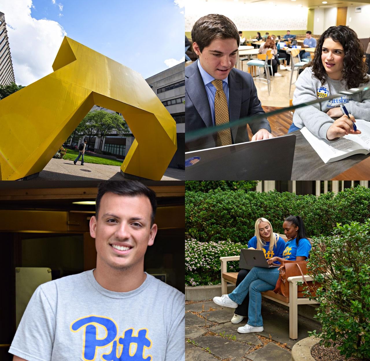 Art structure by Posvar Hall; students study; a student smiles